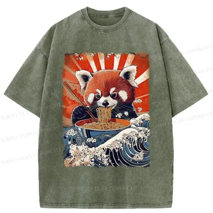 Tokyo-Tiger Red Panda Eating Ramen Washed T-Shirt