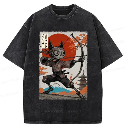 Tokyo-Tiger Japanese Robot Cat Archery Washed T-Shirt