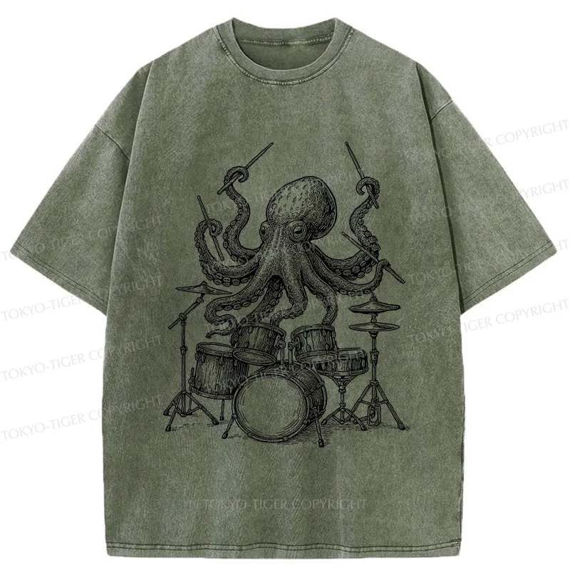 Tokyo-Tiger Octopus Drummer Washed T-Shirt