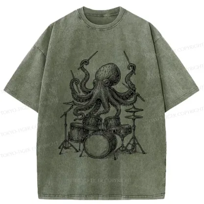 Tokyo-Tiger Octopus Drummer Washed T-Shirt