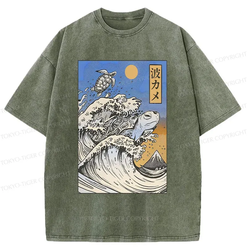 Tokyo-Tiger Surfing Turtle Washed T-Shirt
