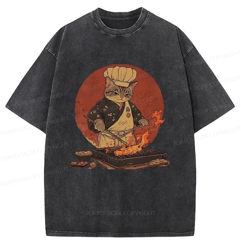 Tokyo-Tiger Cat Grill Chef Washed T-Shirt
