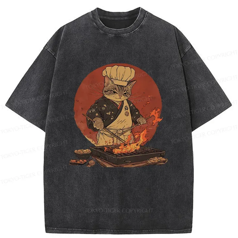 Tokyo-Tiger Cat Grill Chef Washed T-Shirt
