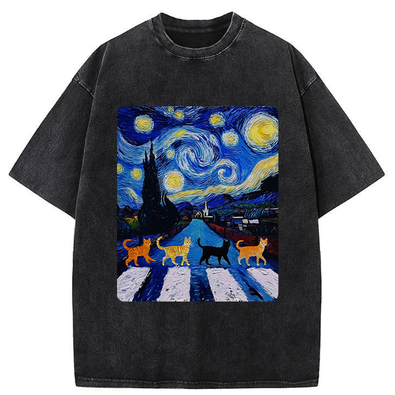 Tokyo-Tiger Starry Night Cat Washed T-Shirt