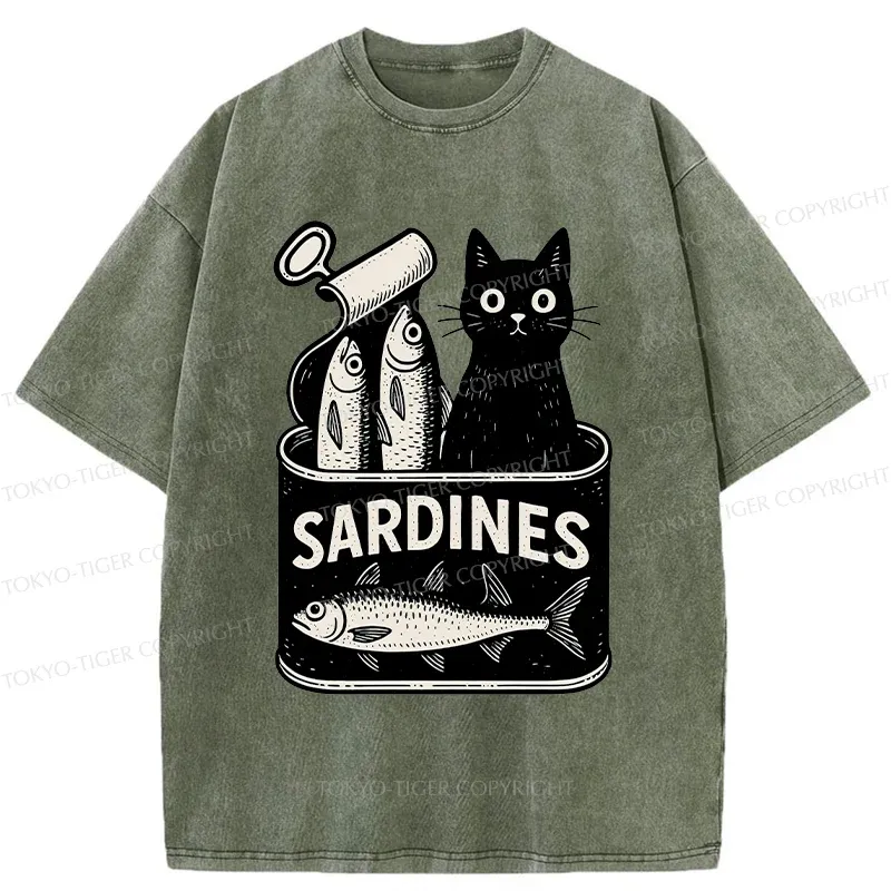 Tokyo-Tiger Cat And Canned Fish Washed T-Shirt