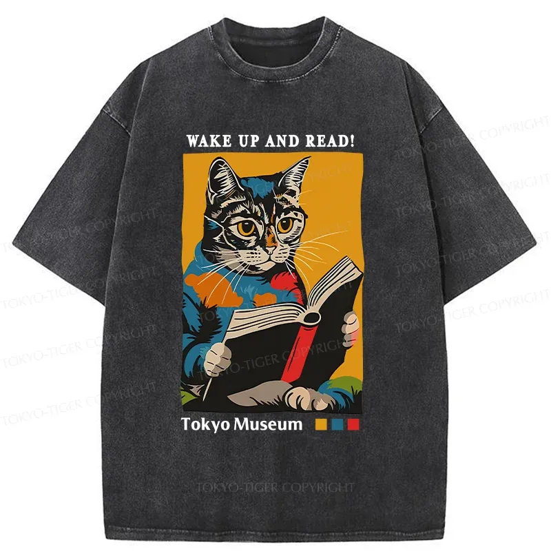 Tokyo-Tiger Cat Reading Washed T-Shirt