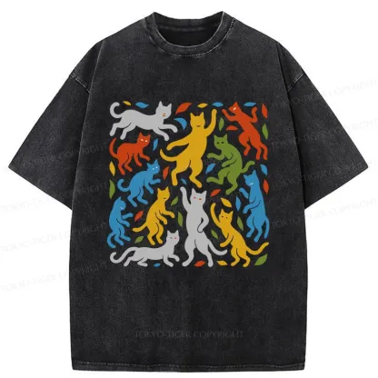 Tokyo-Tiger Funny Dancing Cat Washed T-Shirt