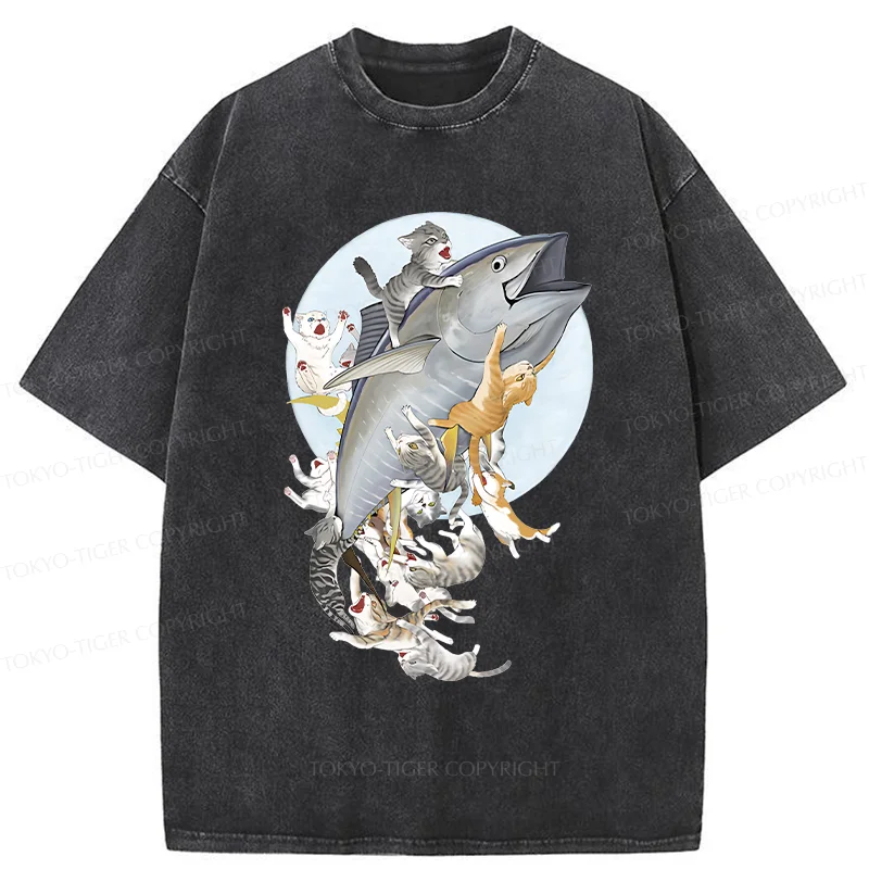 Tokyo-Tiger Cats Caught Tuna Washed T-Shirt