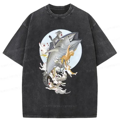 Tokyo-Tiger Cats Caught Tuna Washed T-Shirt