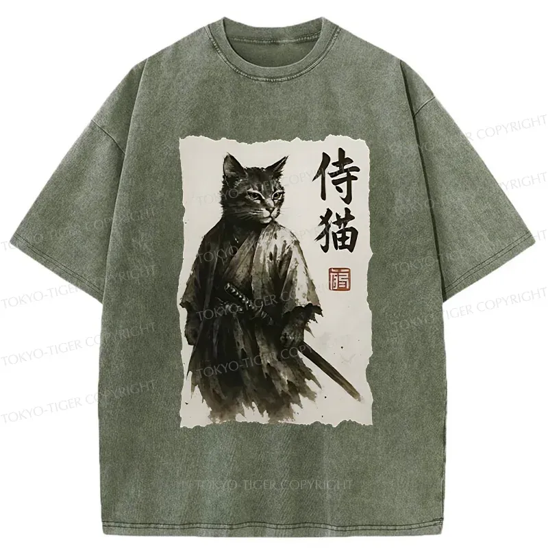 Tokyo-Tiger Cat Japanese Samurai Washed T-Shirt
