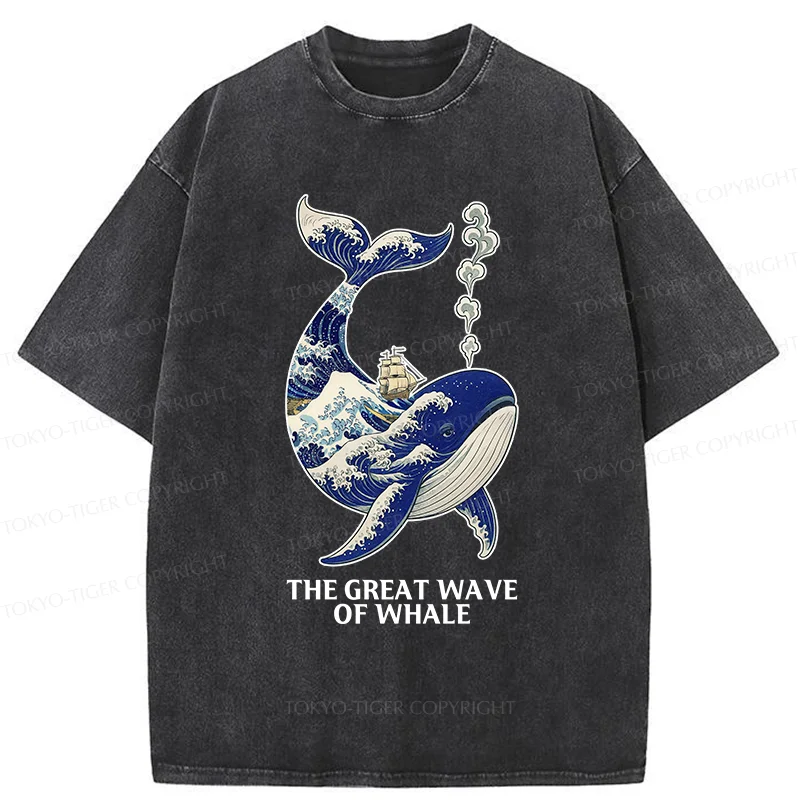 Tokyo-Tiger Ukiyoe Wave Whale Washed T-Shirt