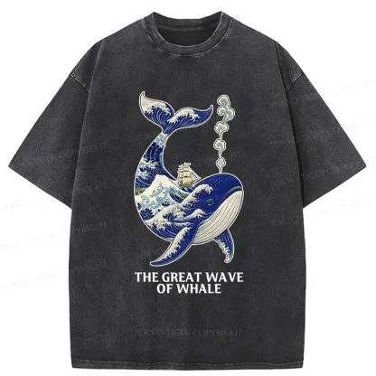 Tokyo-Tiger Ukiyoe Wave Whale Washed T-Shirt