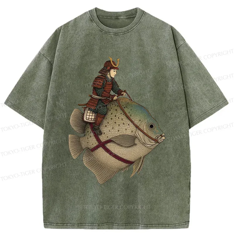 Tokyo-Tiger Samurai Riding A Fish Washed T-Shirt