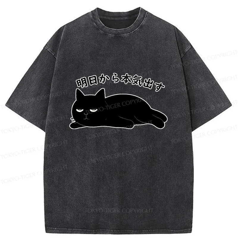Tokyo-Tiger Lazy Cat Kanji Washed T-Shirt