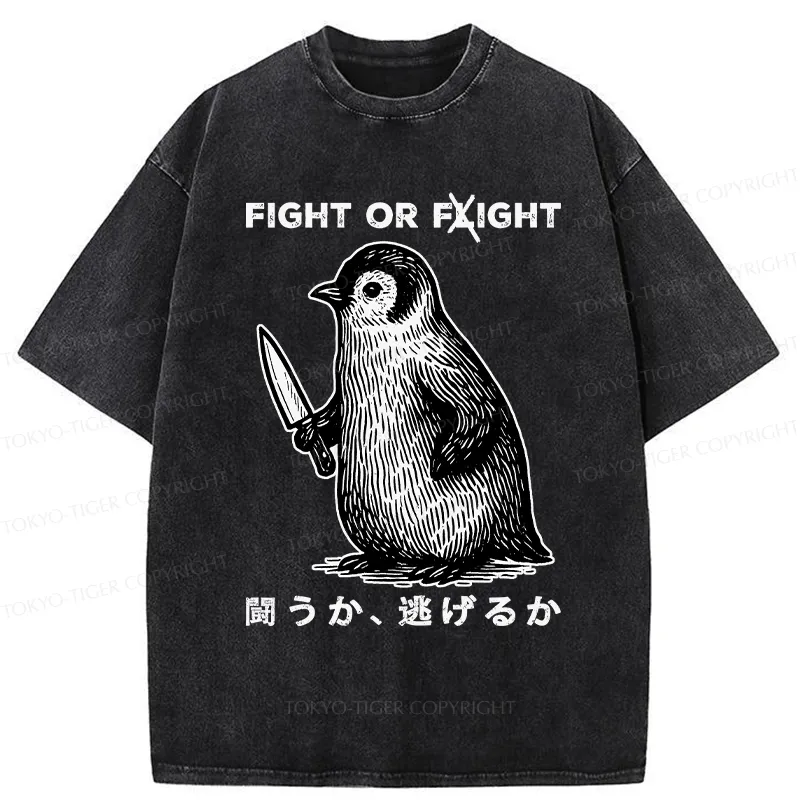 Tokyo-Tiger Funny Fight Or Flight Washed T-Shirt