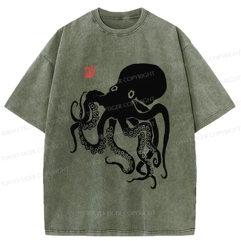Tokyo-Tiger Retro Japanese Octopu Washed T-Shirt