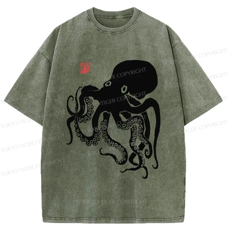 Tokyo-Tiger Retro Japanese Octopu Washed T-Shirt