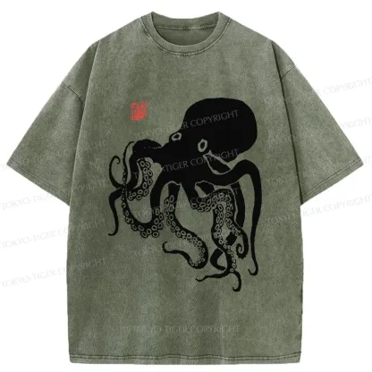 Tokyo-Tiger Retro Japanese Octopu Washed T-Shirt