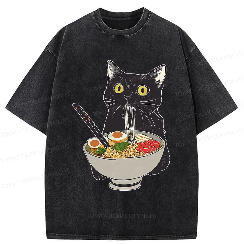 Tokyo-Tiger Cat Eating Hearty Ramen Washed T-Shirt