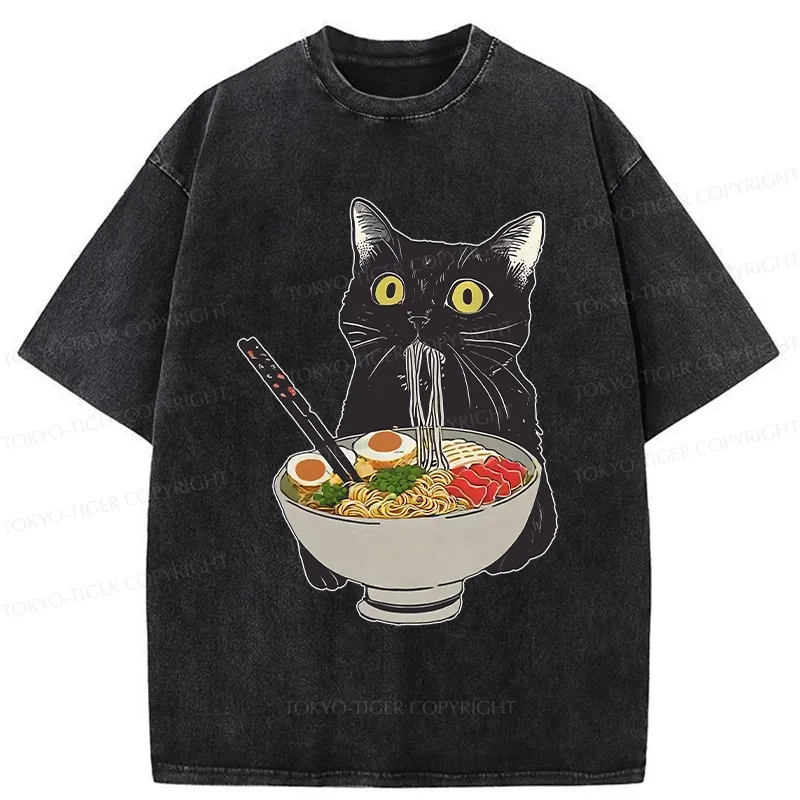 Tokyo-Tiger Cat Eating Hearty Ramen Washed T-Shirt