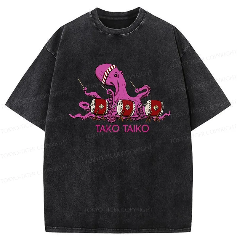 Tokyo-Tiger Funny Octopus Playing Taiko Washed T-Shirt