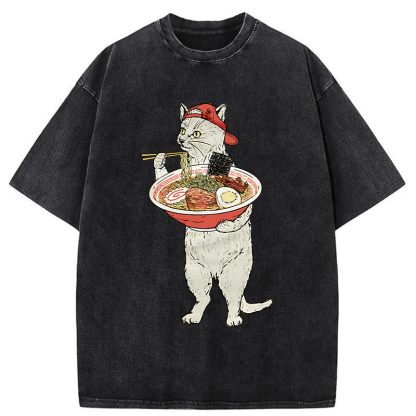 Tokyo-Tiger Ramen Enthusiast Cat Washed T-Shirt