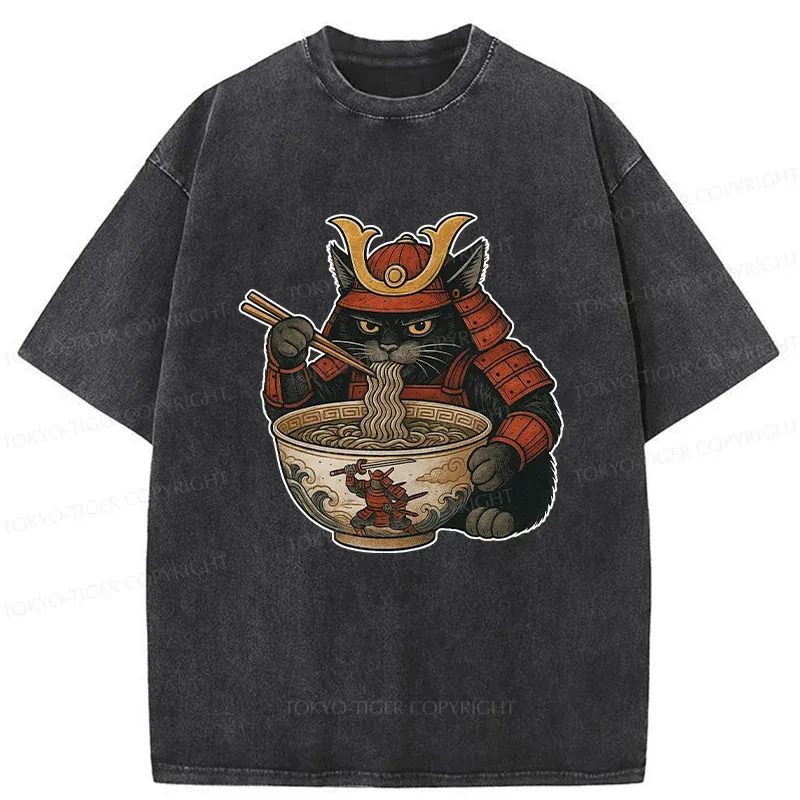Tokyo-Tiger Cat General Eats Ramen Washed T-Shirt