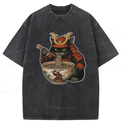 Tokyo-Tiger Cat General Eats Ramen Washed T-Shirt