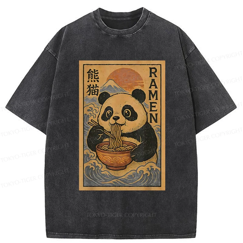 Tokyo-Tiger Retro Panda Eating Ramen Washed T-Shirt