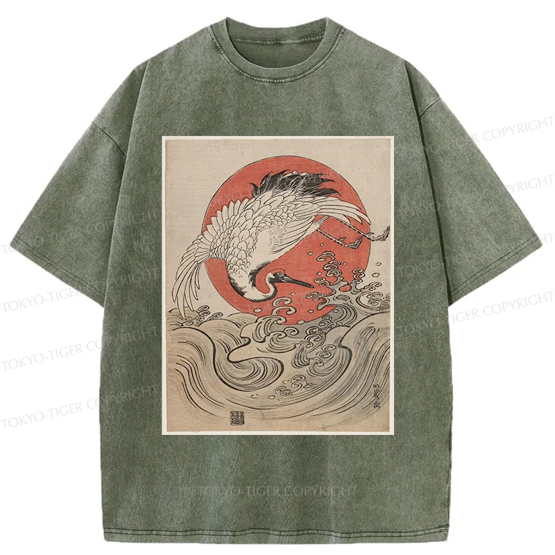 Tokyo-Tiger Vintage Crane and Waves Washed T-Shirt
