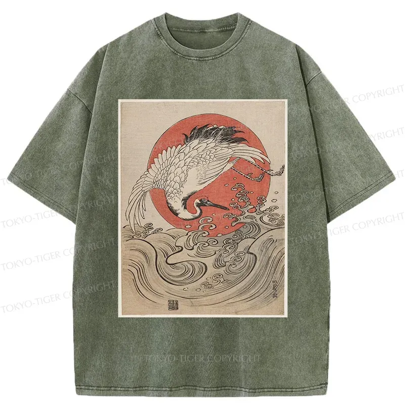 Tokyo-Tiger Vintage Crane and Waves Washed T-Shirt