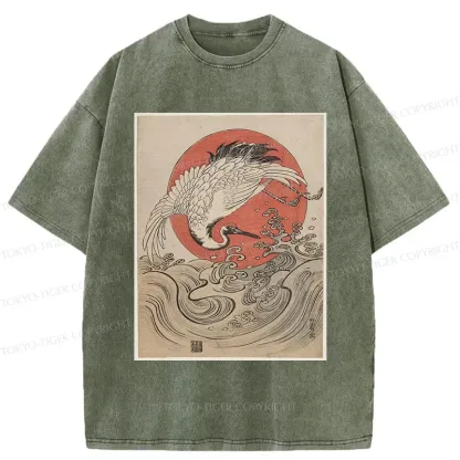 Tokyo-Tiger Vintage Crane and Waves Washed T-Shirt