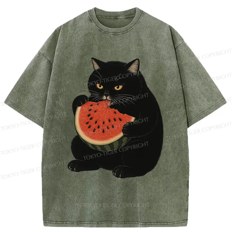 Tokyo-Tiger Black Cat Eating Watermelon Washed T-Shirt