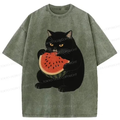 Tokyo-Tiger Black Cat Eating Watermelon Washed T-Shirt