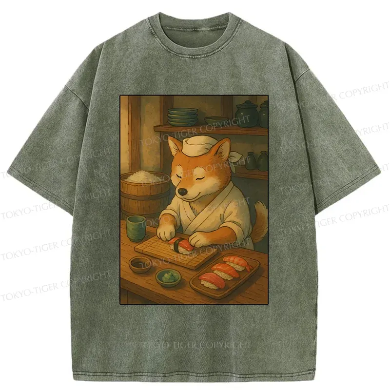 Tokyo-Tiger Dog Sushi Chef Washed T-Shirt