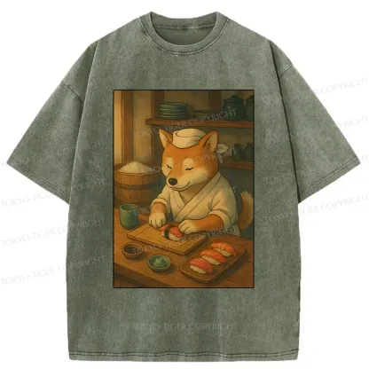 Tokyo-Tiger Dog Sushi Chef Washed T-Shirt