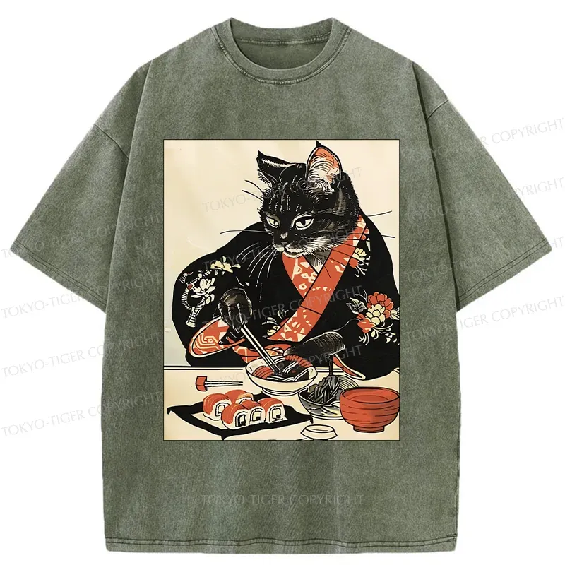 Tokyo-Tiger Cat Cut Sushi Washed T-Shirt