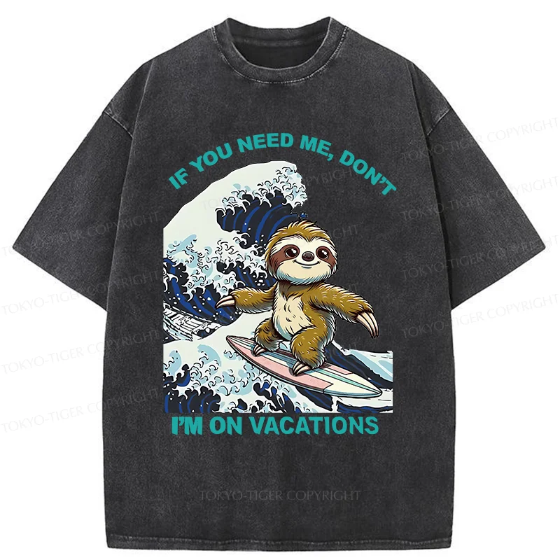 Tokyo-Tiger Surfing Sloth Funny Washed T-Shirt