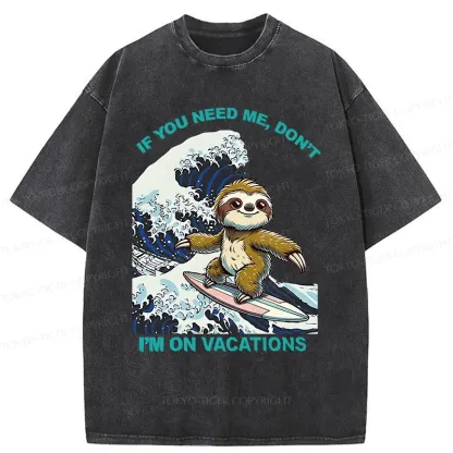 Tokyo-Tiger Surfing Sloth Funny Washed T-Shirt