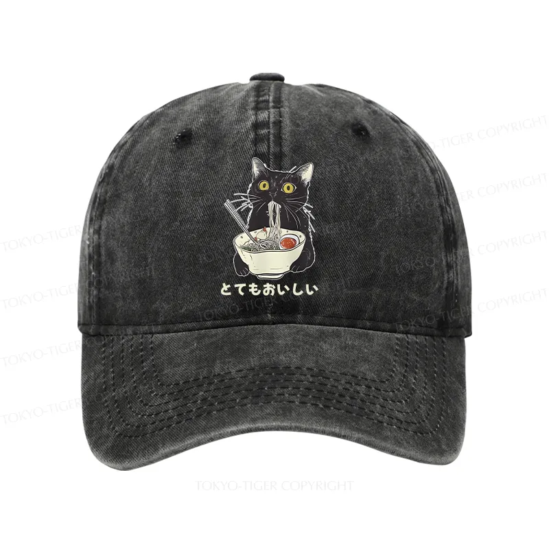Tokyo-Tiger Cats Eat Ramen Noodles Washed Cap