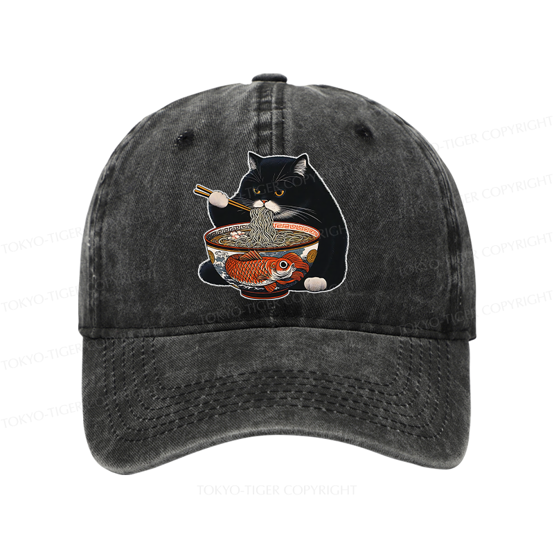 Tokyo-Tiger Fat Cat Eating Ramen Washed Cap