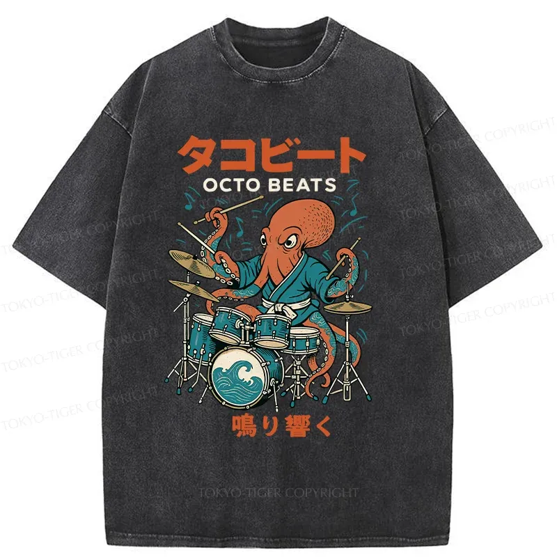 Tokyo-Tiger Octopus Drummer Washed T-Shirt