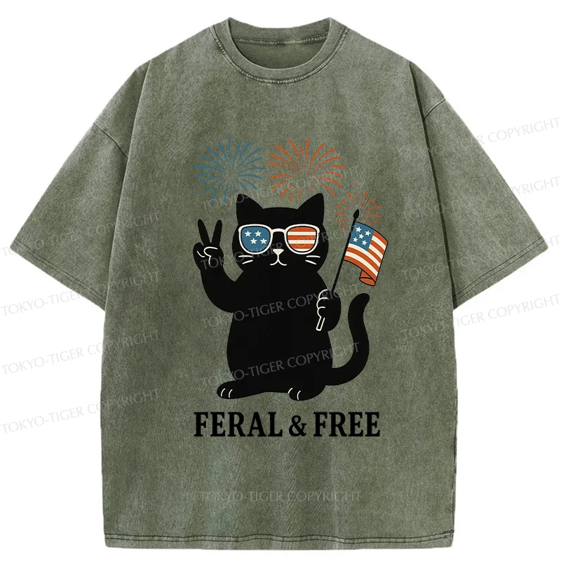 Tokyo-Tiger Cat Of FERAL & FREE Washed T-Shirt