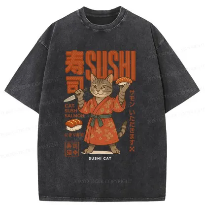 Tokyo-Tiger Sushi Made By Cat Chef Washed T-Shirt