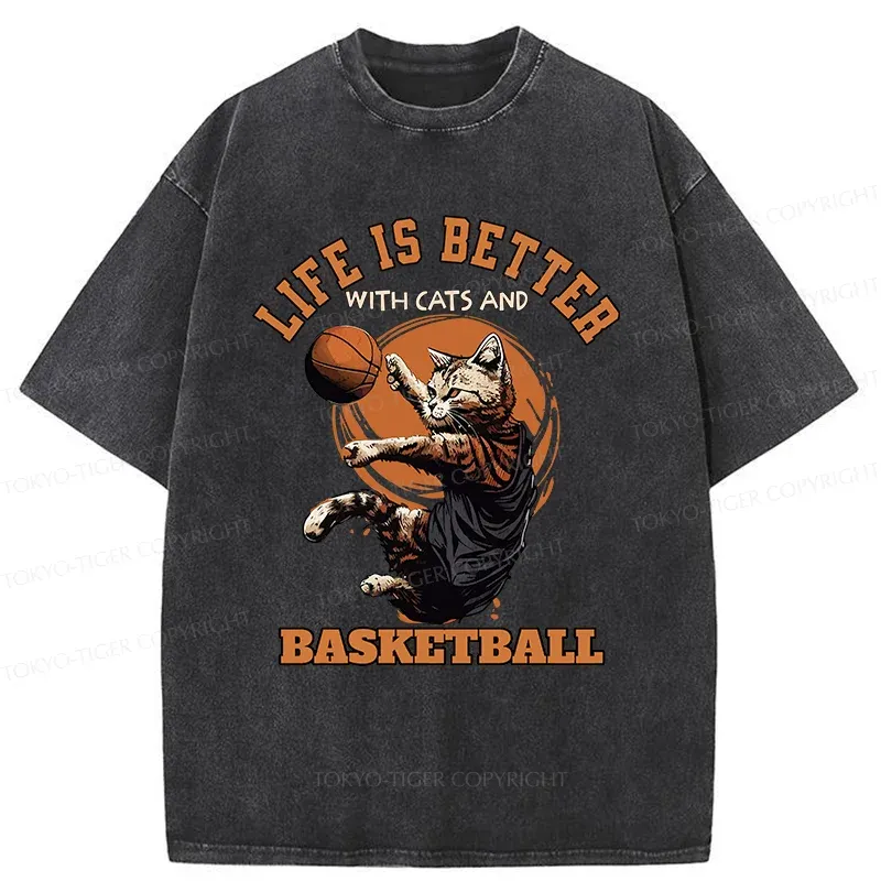 Tokyo-Tiger Kitten Is Playing Basketball Washed T-Shirt
