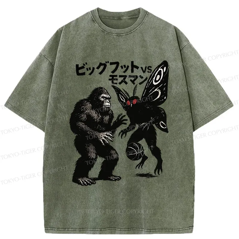 Tokyo-Tiger Battle Between Bigfoot And Mothmen Washed T-Shirt