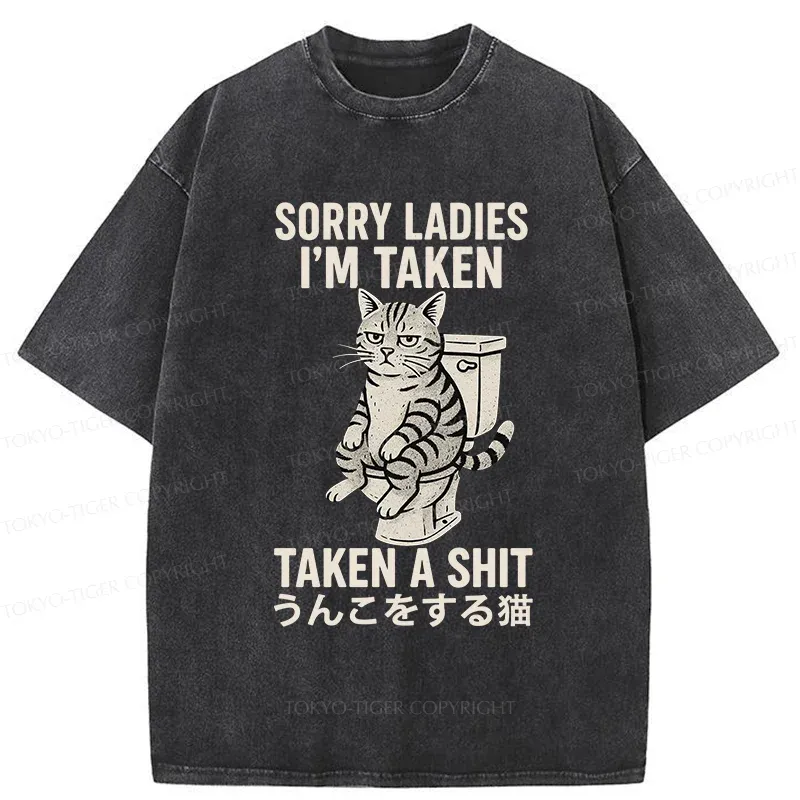 Tokyo-Tiger Cat Pooping Washed T-Shirt