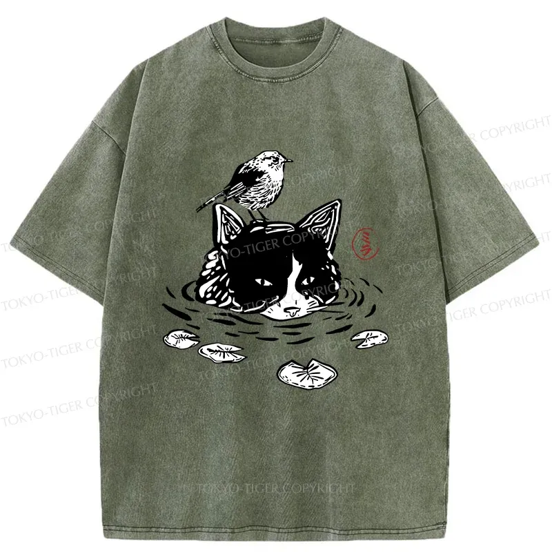 Tokyo-Tiger Cat Taking A Bath Washed T-Shirt