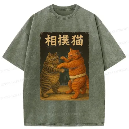 Tokyo-Tiger Sumo Cat Funny Washed T-Shirt