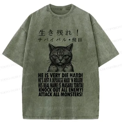 Tokyo-Tiger Struggling Cat Washed T-Shirt
